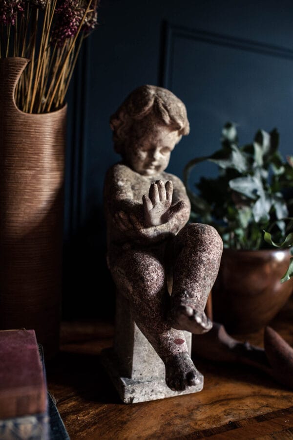 Petite Stone Cherub Statue on Square Plinth