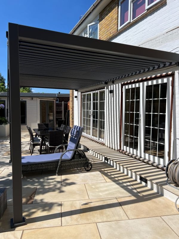 West End garden design patio pergola canopy sandstone