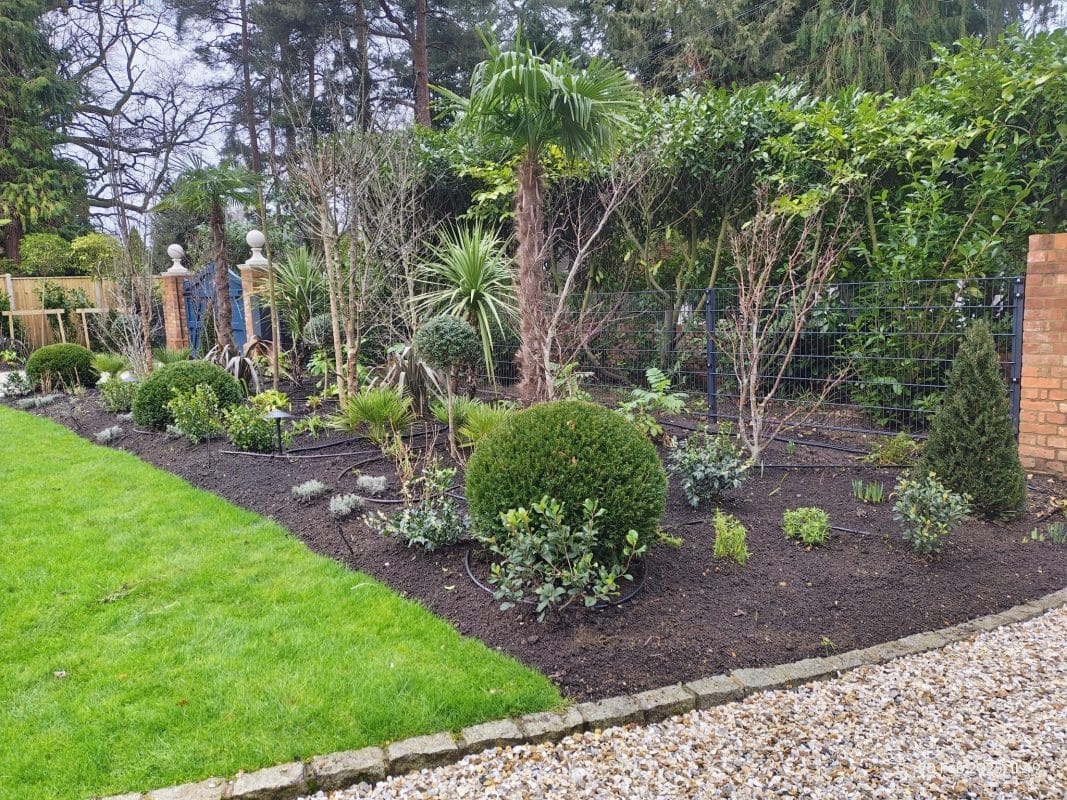 gardening garden design landscaping drip irrigation system flower bed trees plants lawn driveway