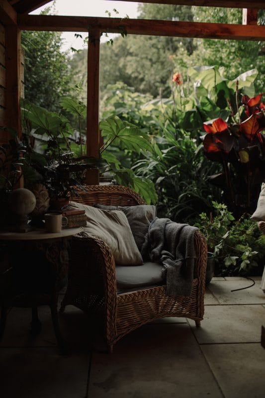 gardening garden design landscaping Surrey West Sussex jungle garden comfy chair gardening for wellness