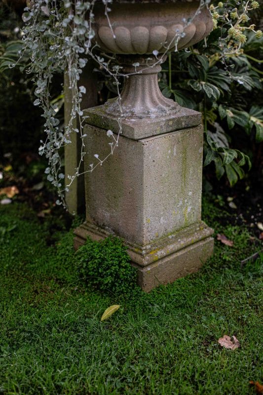 Pair of Composite Stone Garden Urns on Square Pedestals - Image 4